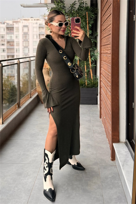 Berly V yaka Triko Elbise - Haki