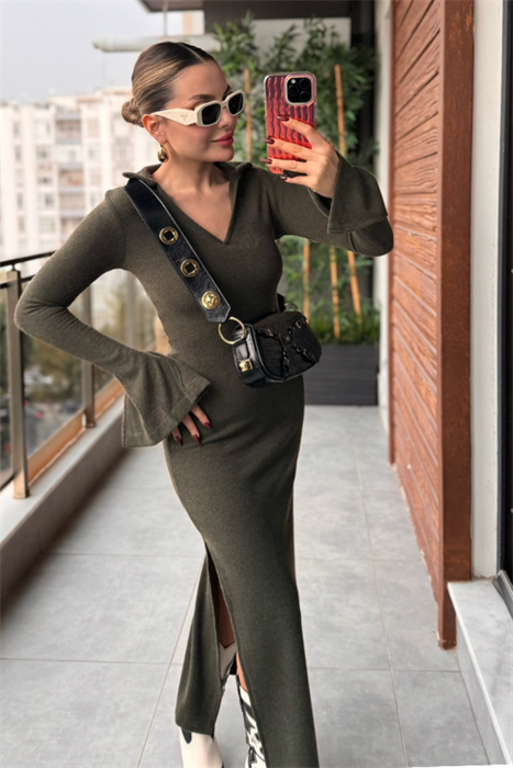 Berly V yaka Triko Elbise - Haki