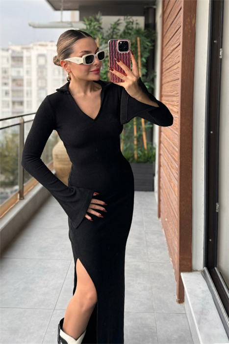 Berly V yaka Triko Elbise - Siyah