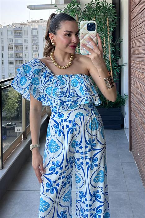 Bernelle Mavi Beyaz Etnik Desenli Tek Omuz Crop