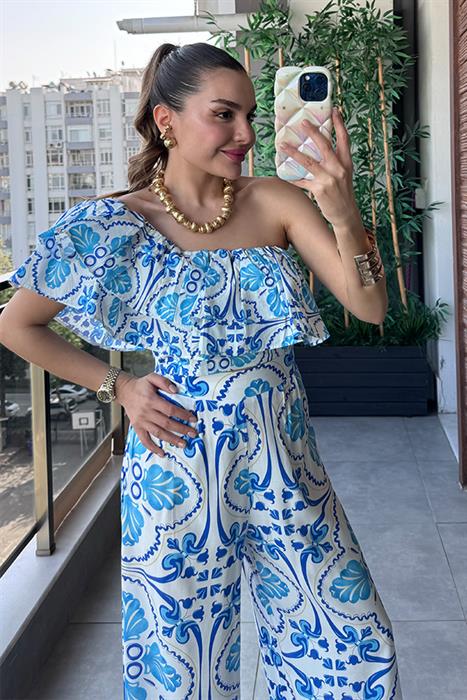 Bernelle Mavi Beyaz Etnik Desenli Tek Omuz Crop