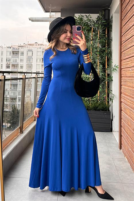 Besque Balıkçı Yaka Uzun Saks Elbise