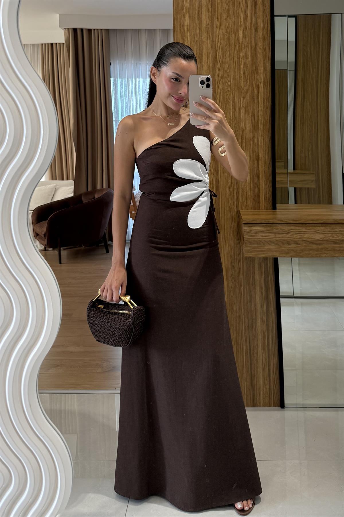 Better Kahve Keten Astarlı Çiçekli Elbise