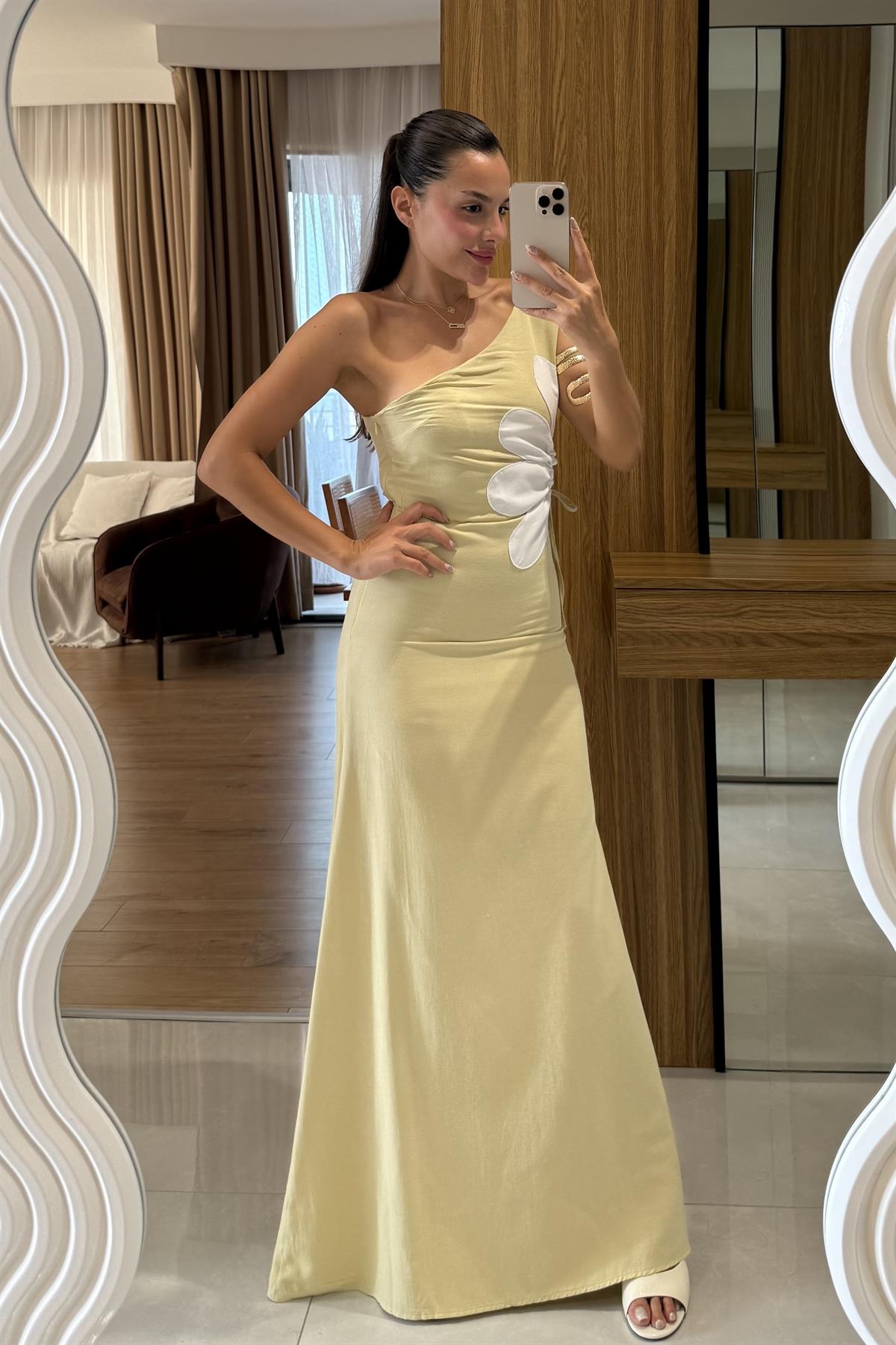 Better Sarı Keten Astarlı Çiçekli Elbise