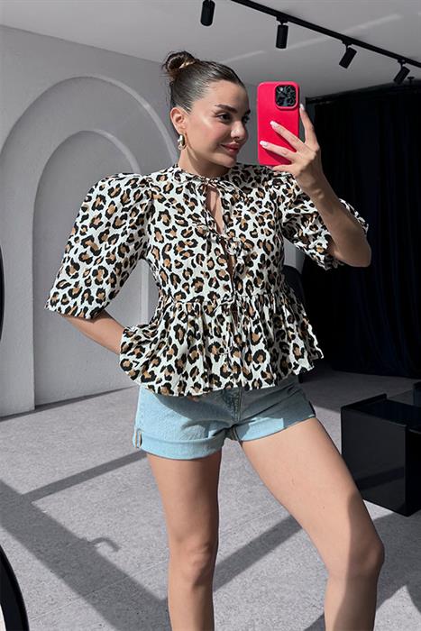 Beverly Karpuz Kol Leopar Desenli Gömlek-Ekru