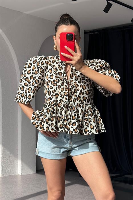 Beverly Karpuz Kol Leopar Desenli Gömlek-Ekru