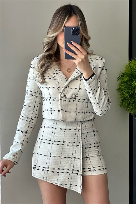 Beyaz tüvit crop ceket ikili takım