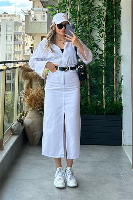 Beyaz yırtmaçlı kot kalem etek