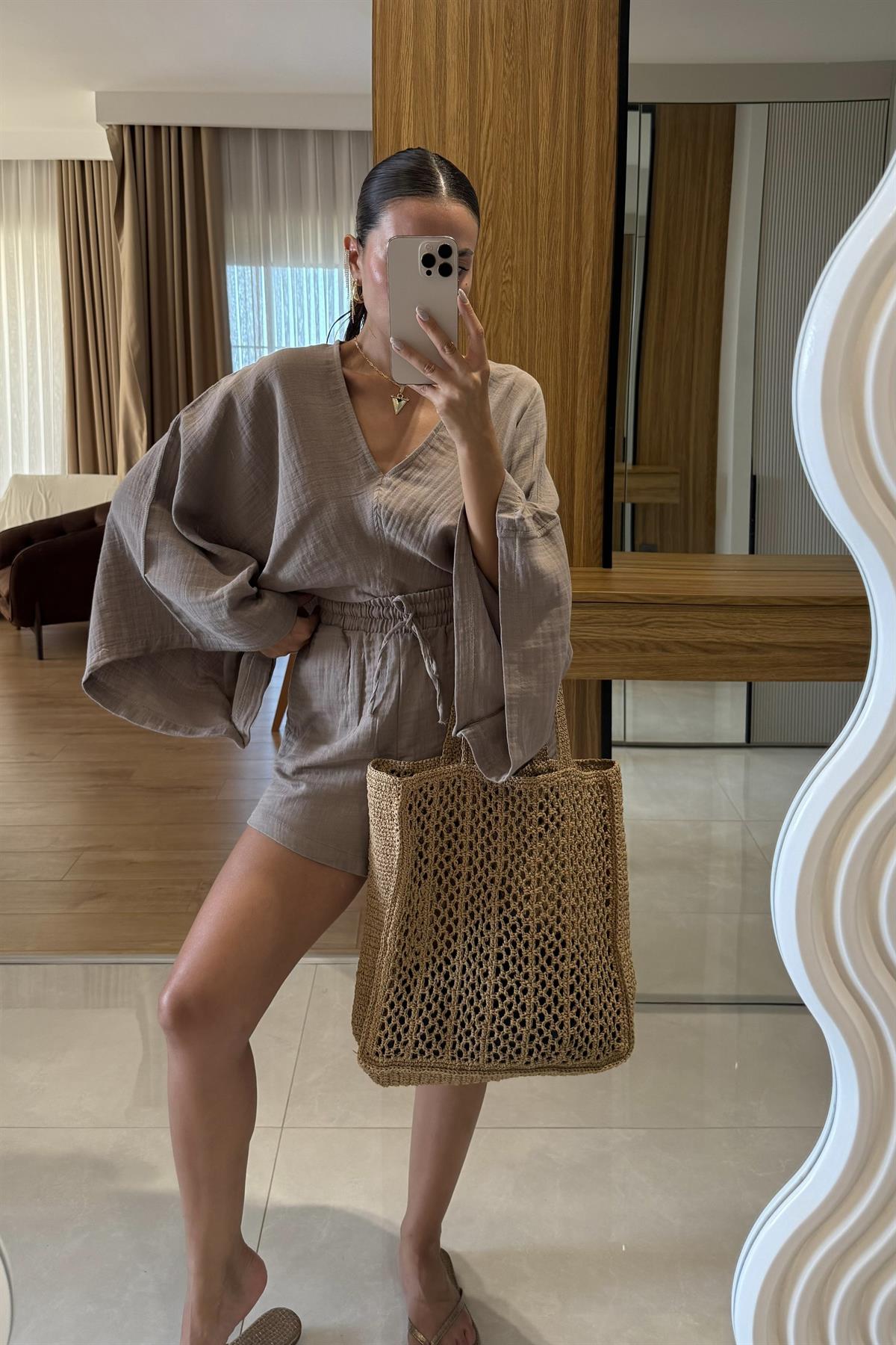 Biana Kahve Müslin Yarasa Kol Takım