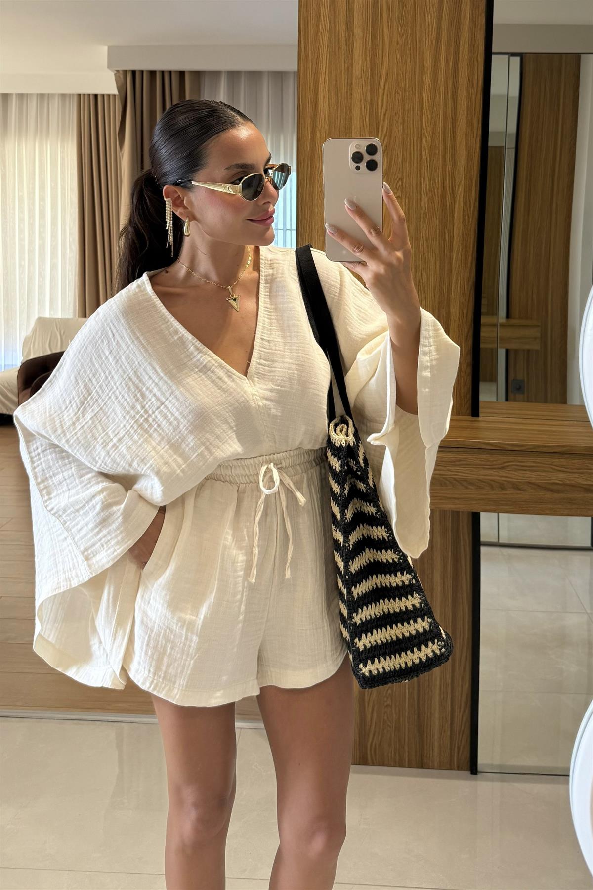 Biana Krem Müslin Yarasa Kol Takım