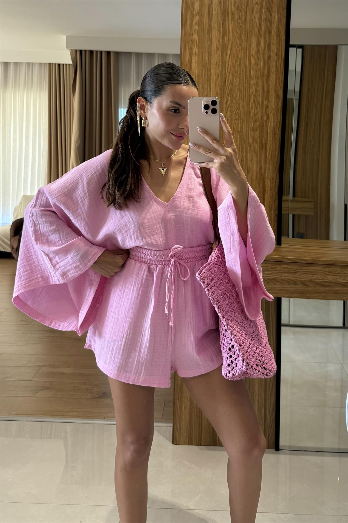Biana Pembe Müslin Yarasa Kol Takım