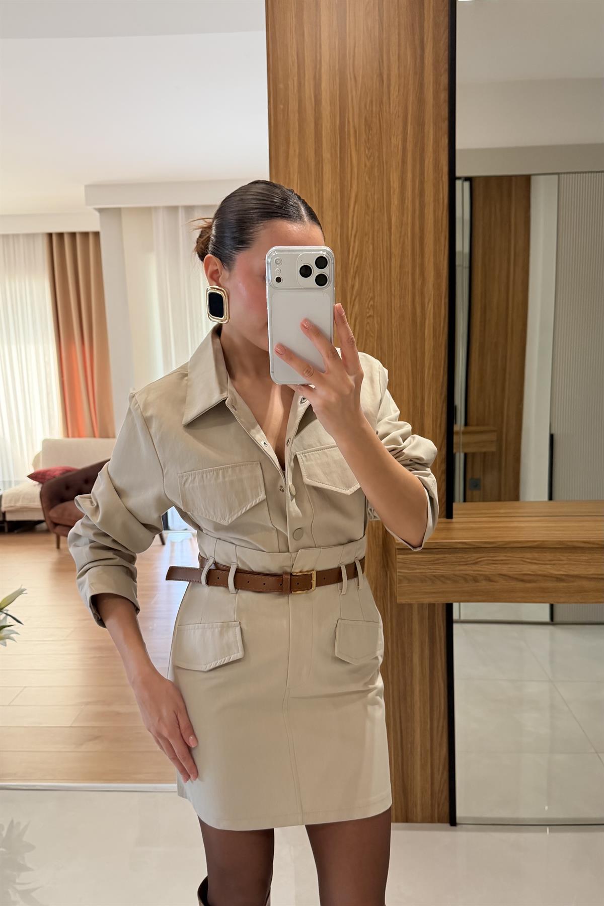 Bianka Krem Gabardin Cepli Takım