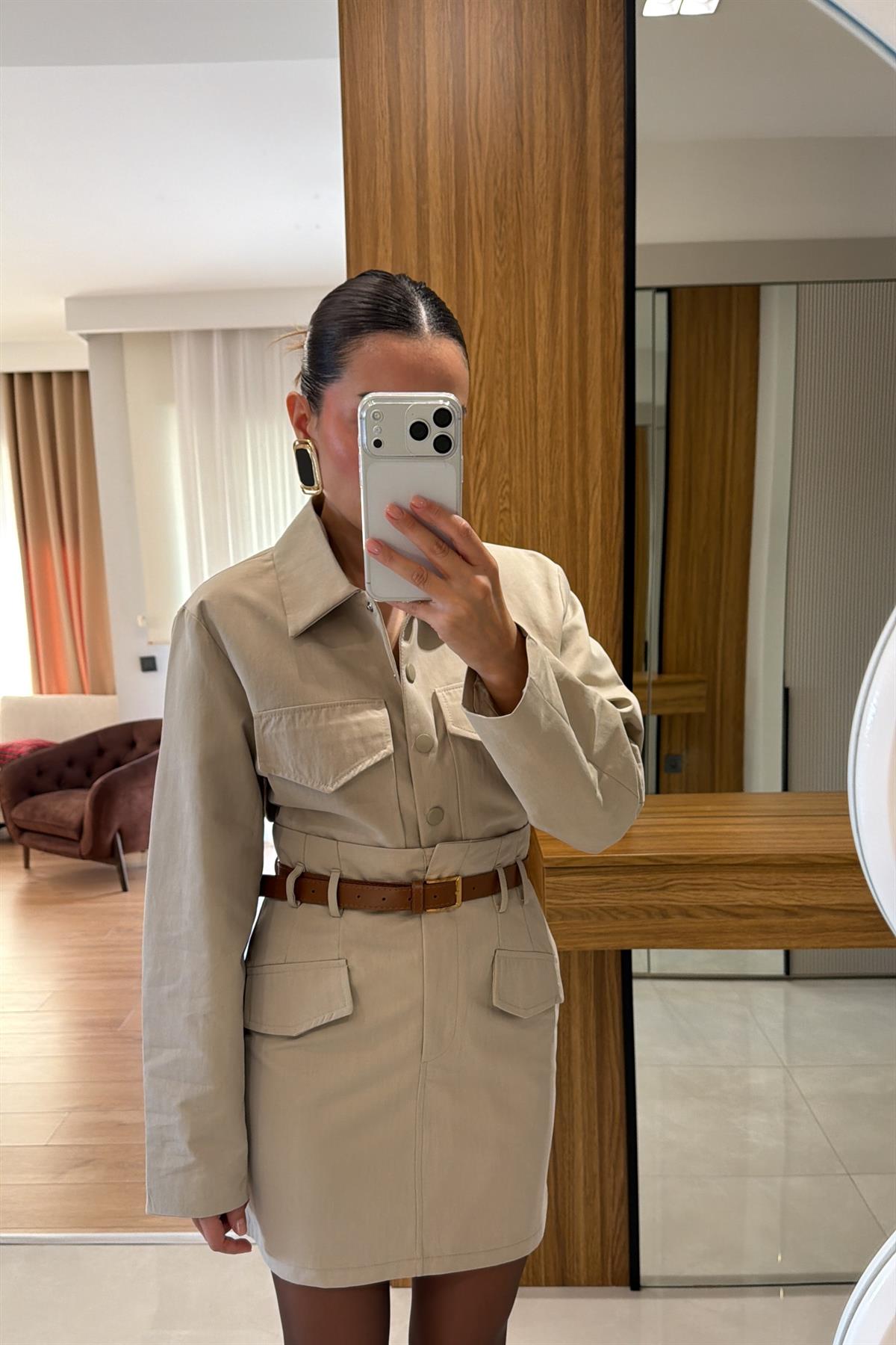 Bianka Krem Gabardin Cepli Takım