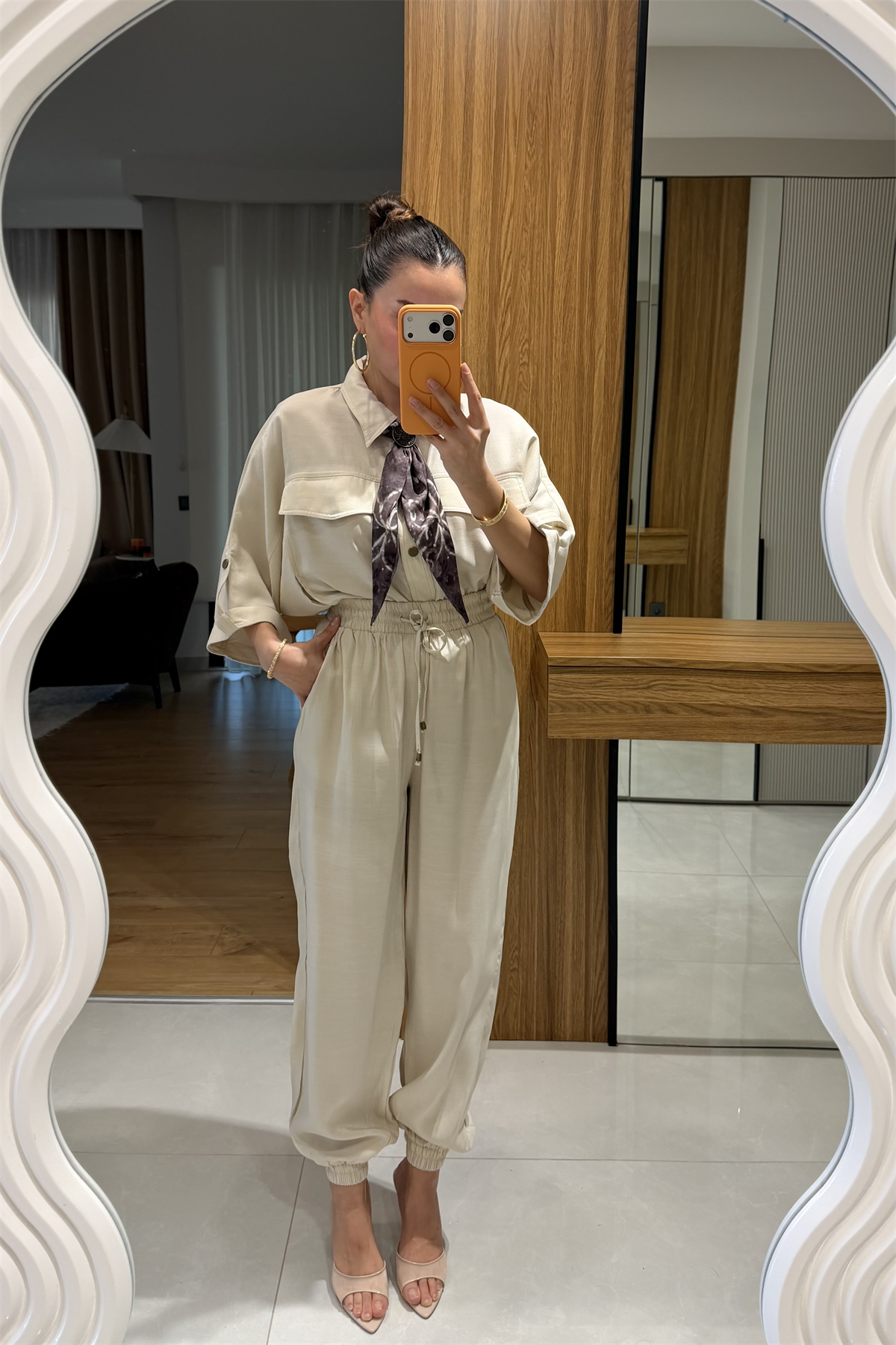 Bielle Bej Atlı Lastikli Pantolon