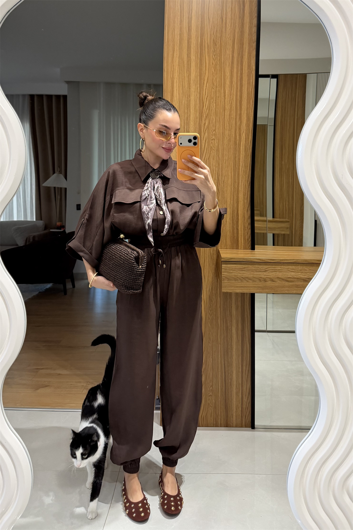 Bielle Kahve Atlı Lastikli Pantolon