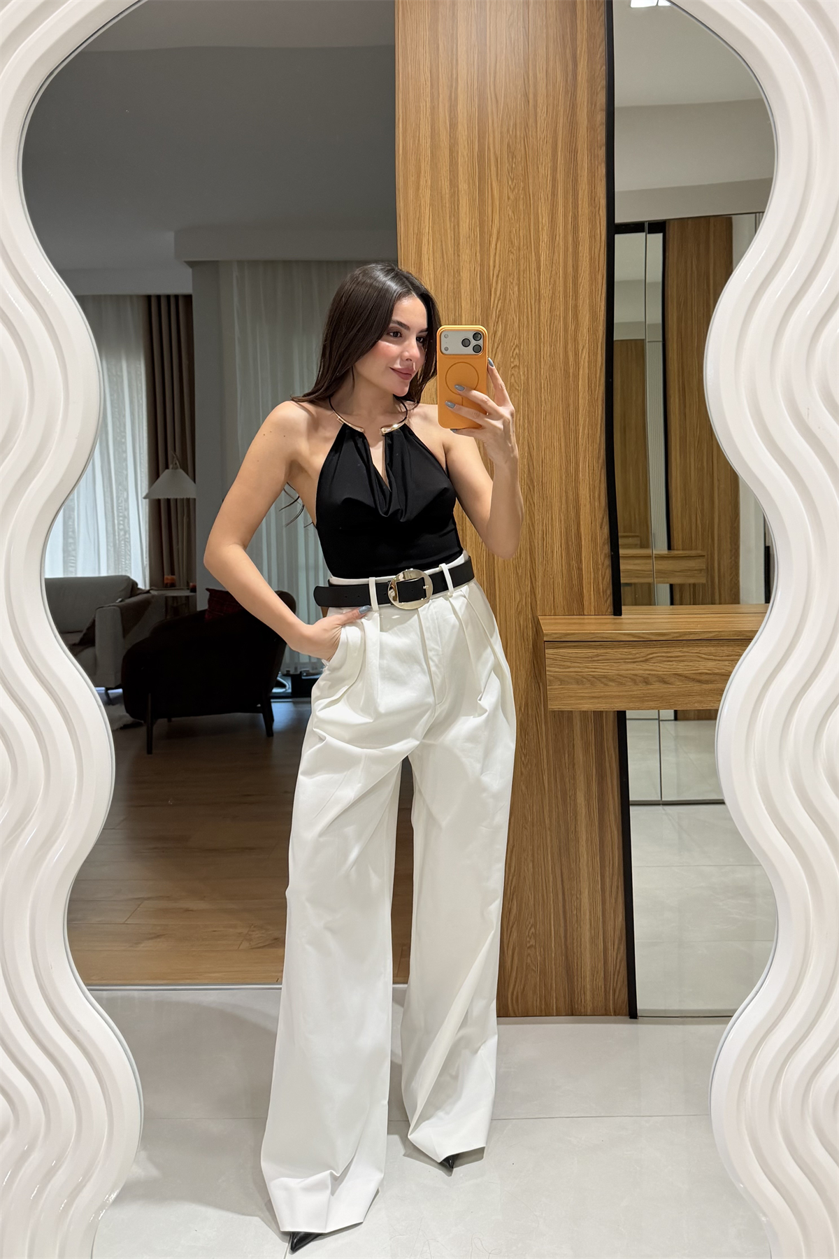 Bienna Beyaz Çift Pileli Yüksek Bel Pantolon