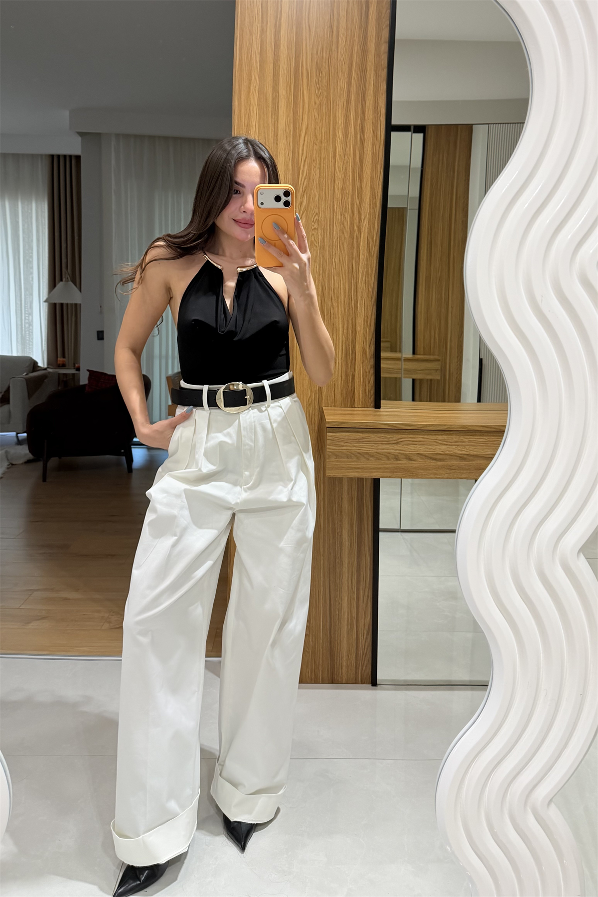 Bienna Beyaz Çift Pileli Yüksek Bel Pantolon