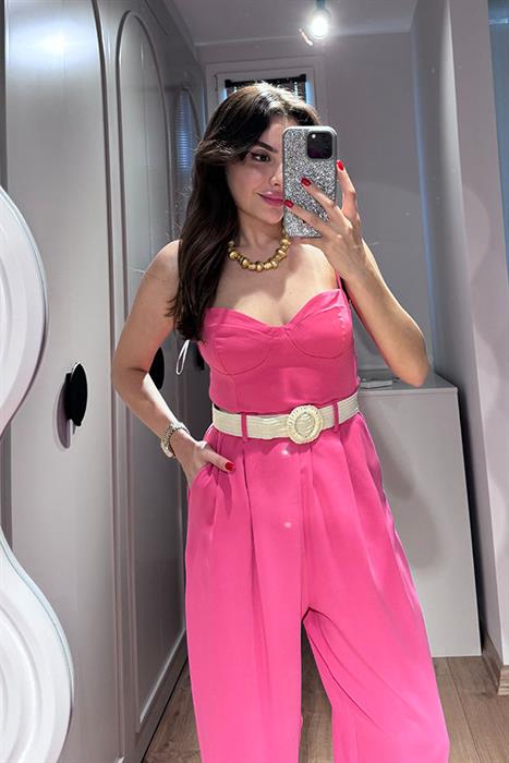 Billy Kalp Yaka Kemer Detaylı Pembe Tulum