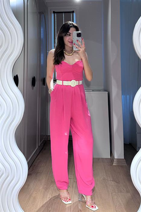 Billy Kalp Yaka Kemer Detaylı Pembe Tulum