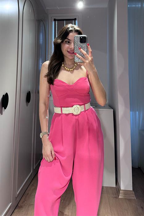 Billy Kalp Yaka Kemer Detaylı Pembe Tulum