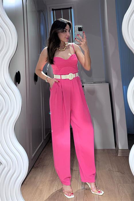 Billy Kalp Yaka Kemer Detaylı Pembe Tulum