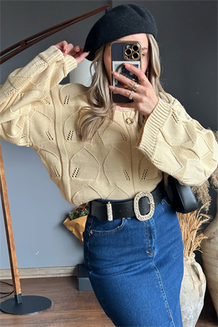 Bisküvi renk delikli kazak