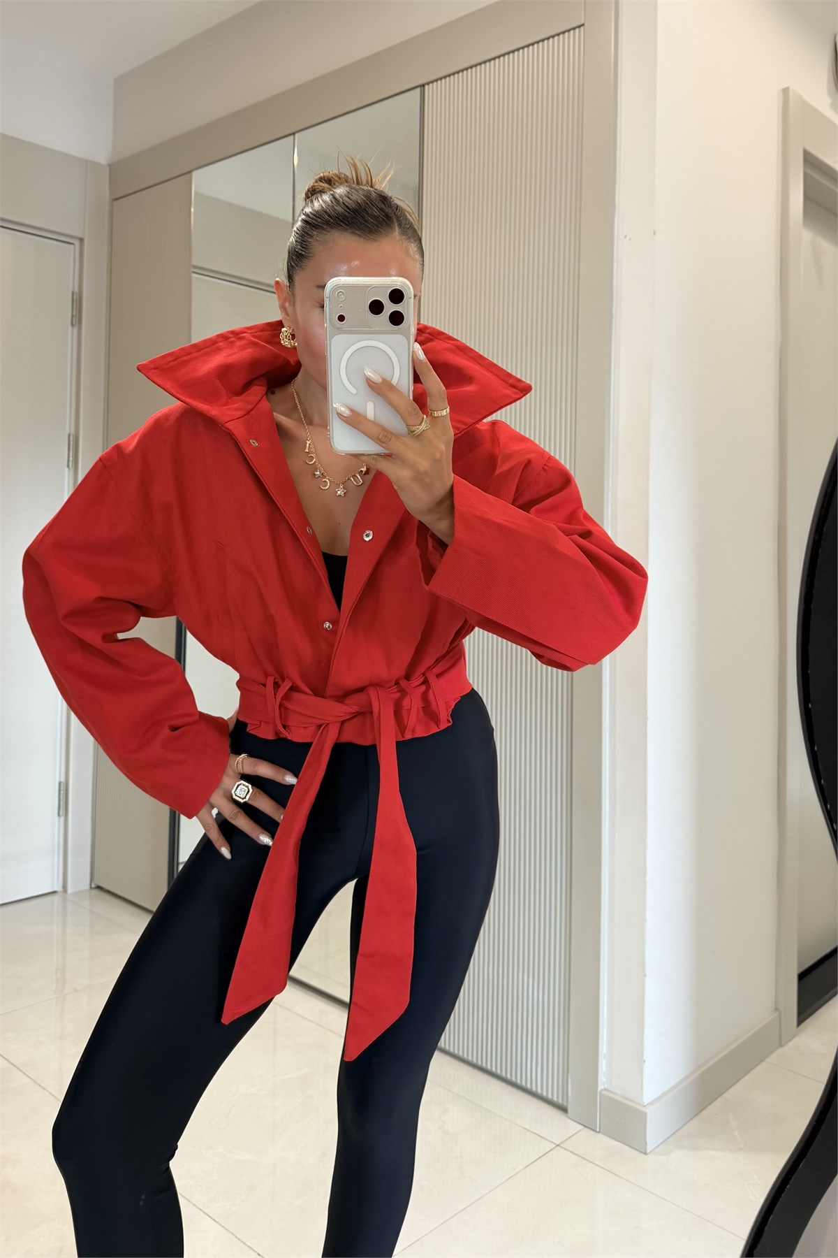 Blader Kırmızı Kuşaklı Gabardin Ceket