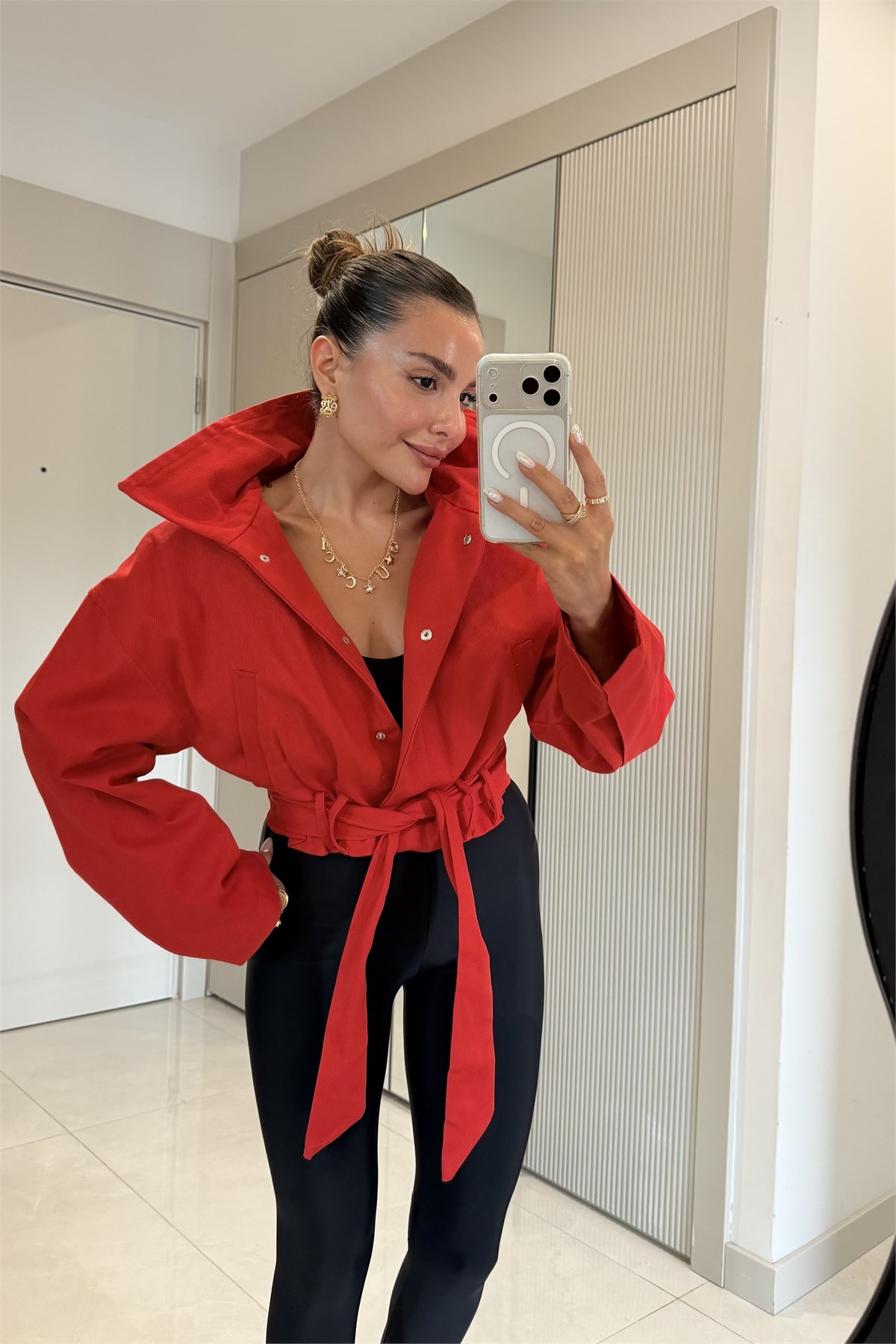 Blader Kırmızı Kuşaklı Gabardin Ceket