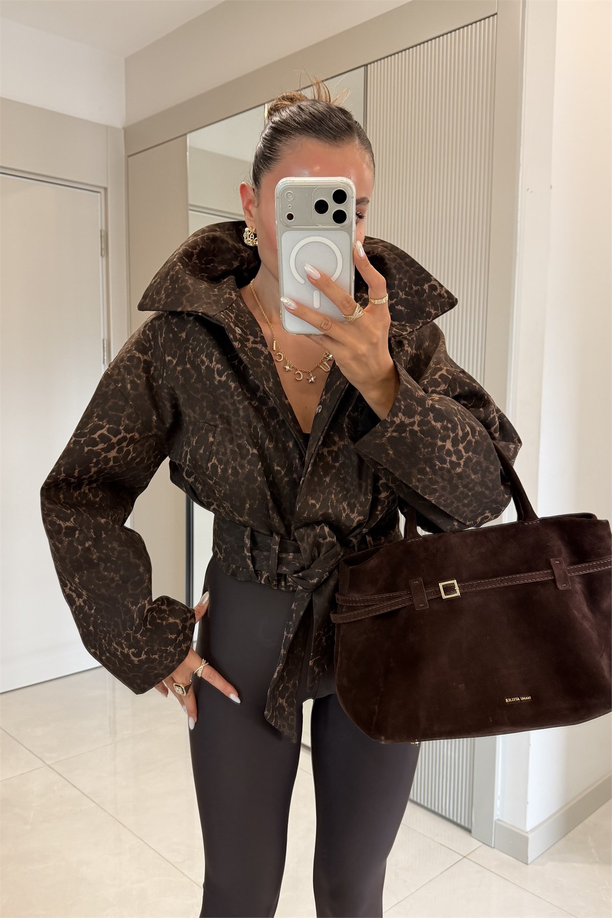 Blader Leopar Kuşaklı Gabardin Ceket