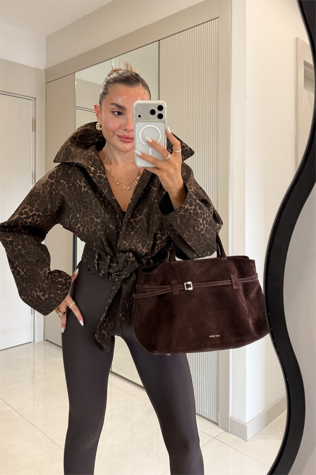 Blader Leopar Kuşaklı Gabardin Ceket