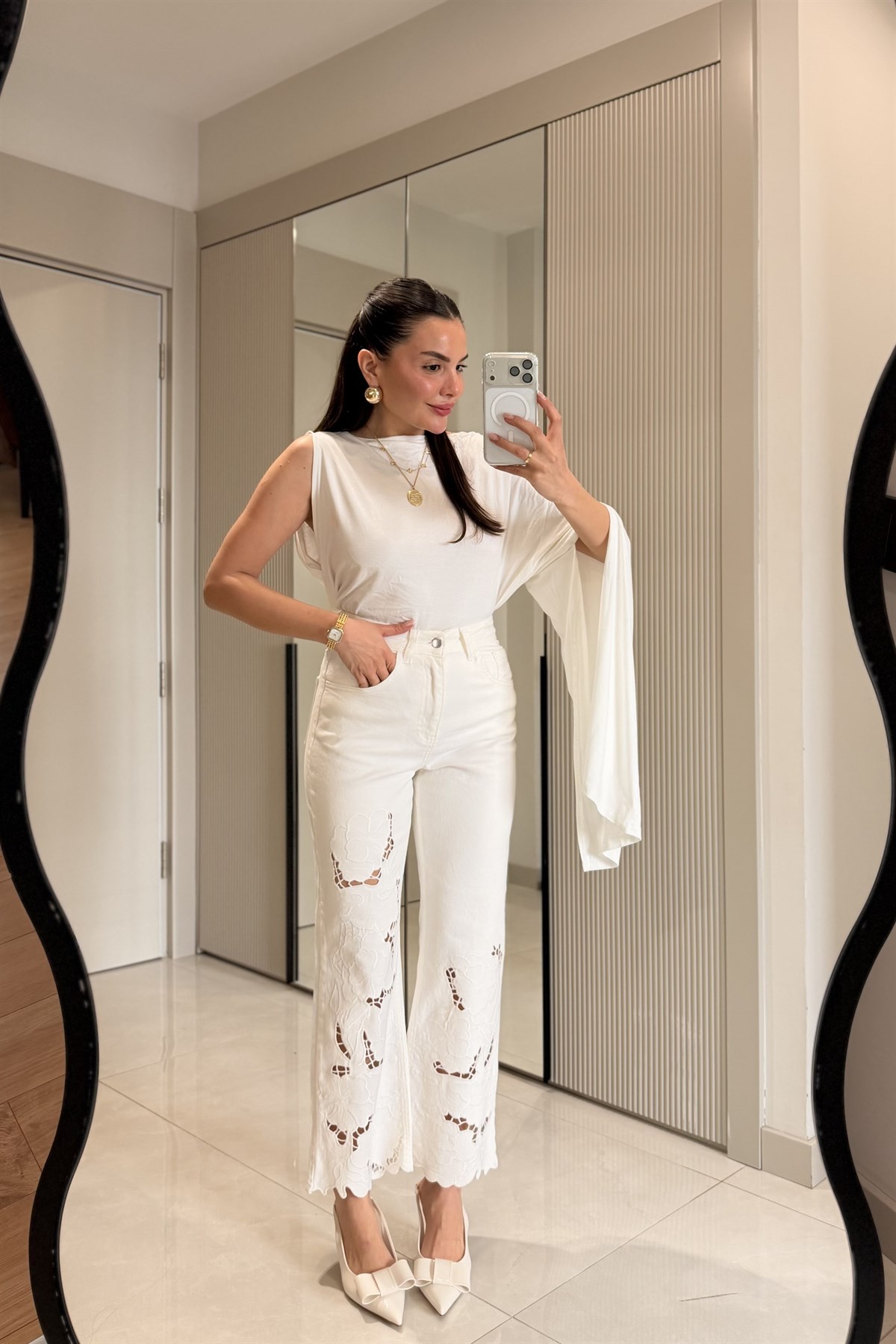 Blaire Ekru Yüksek Bel İşlemeli Jean