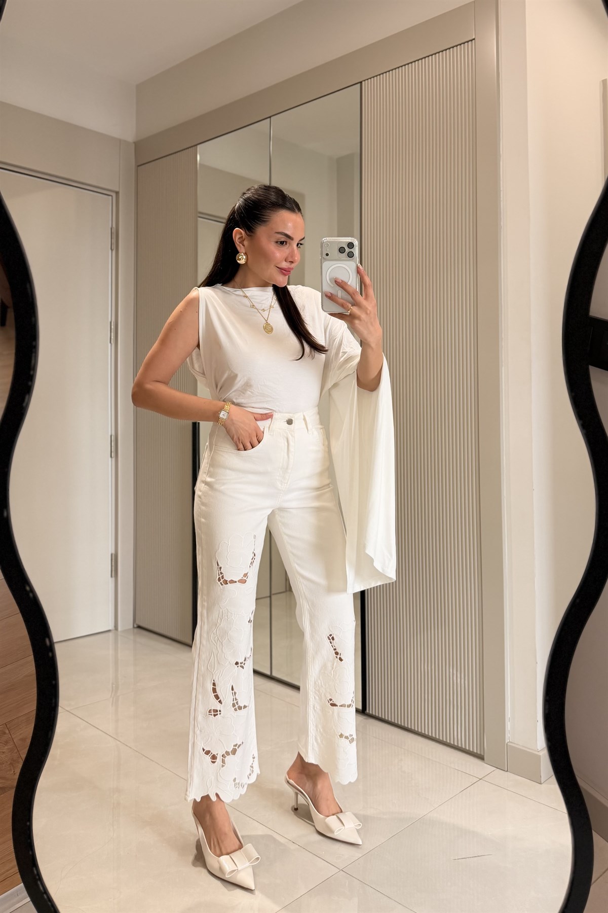 Blaire Ekru Yüksek Bel İşlemeli Jean