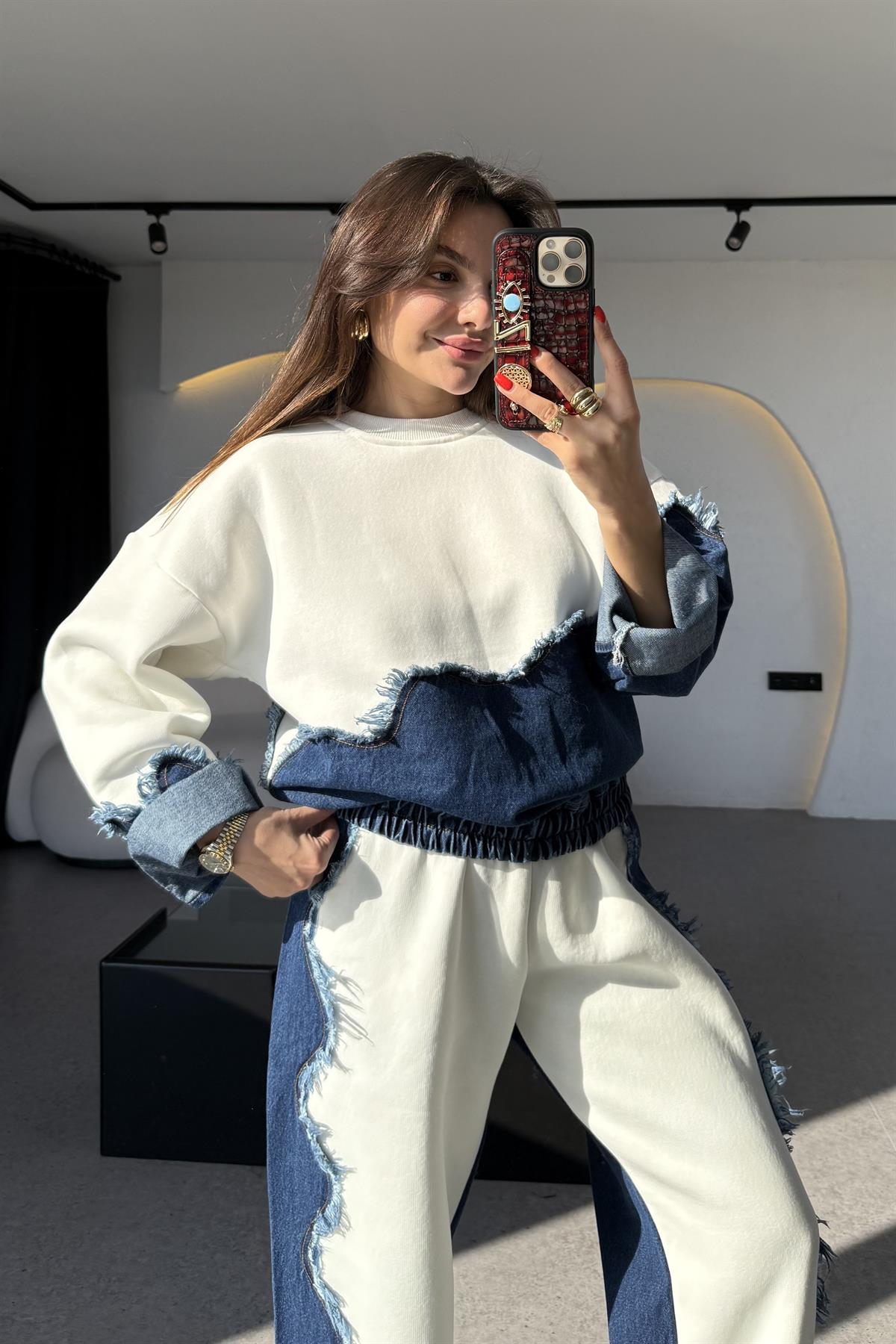 Blake Beyaz Dalga Desen Şardonlu Denim Takım