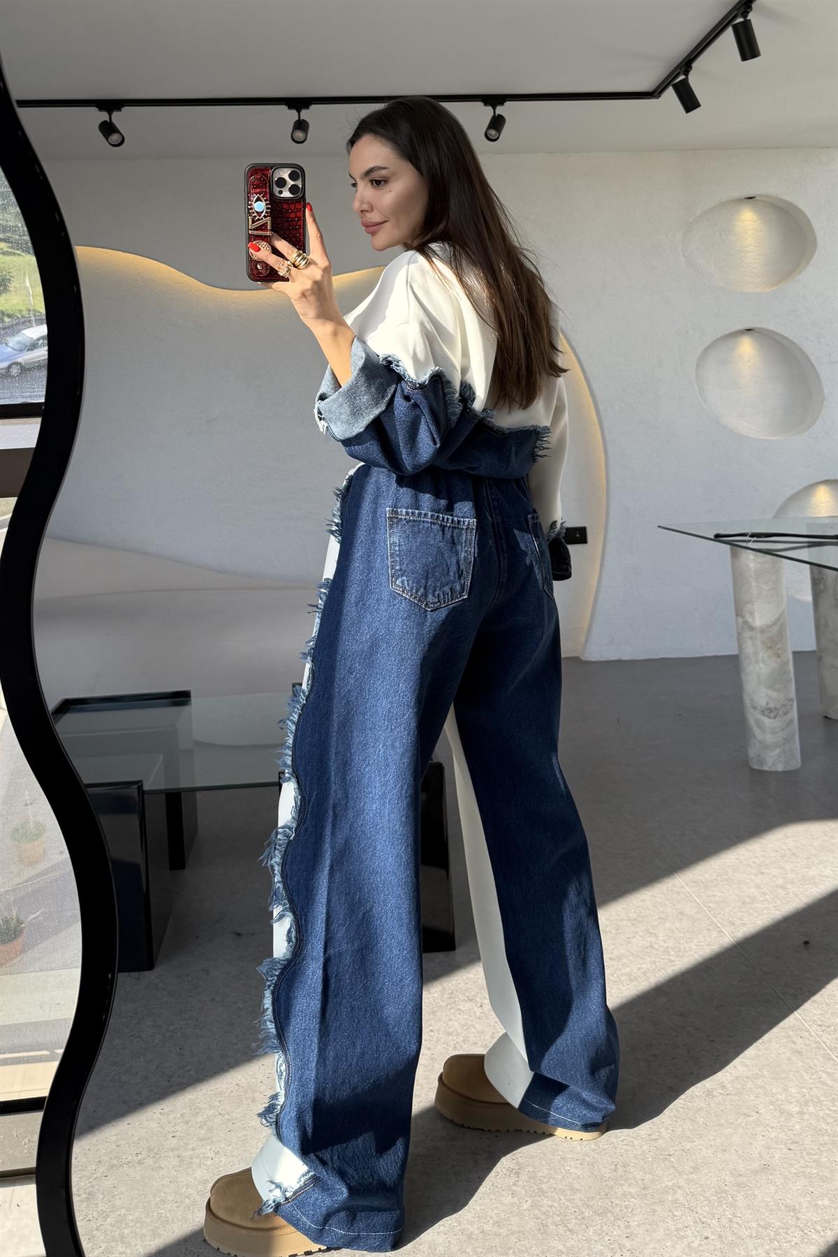 Blake Beyaz Dalga Desen Şardonlu Denim Takım