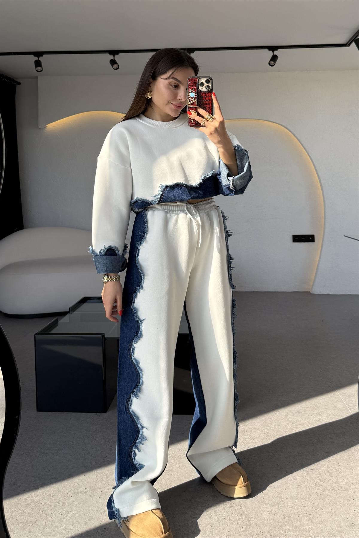 Blake Beyaz Dalga Desen Şardonlu Denim Takım