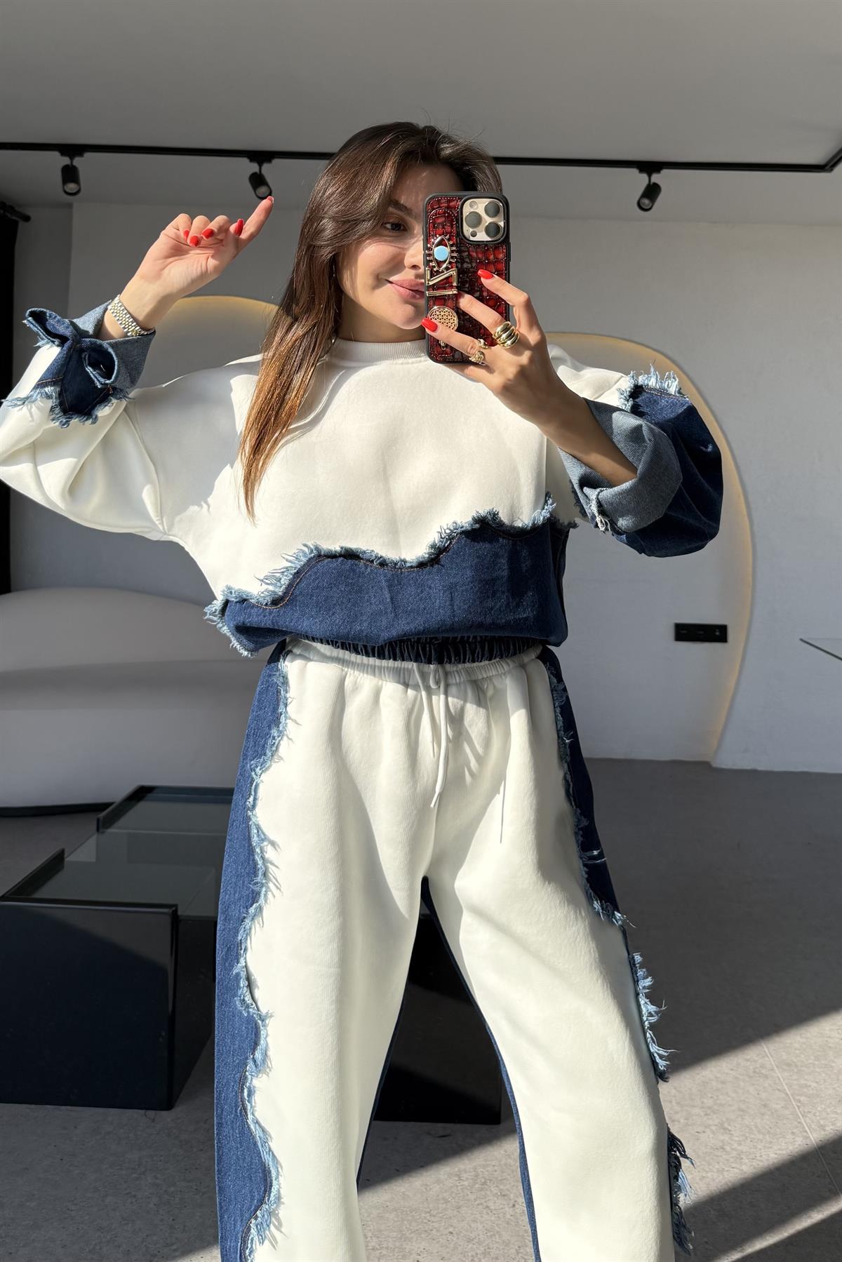 Blake Beyaz Dalga Desen Şardonlu Denim Takım