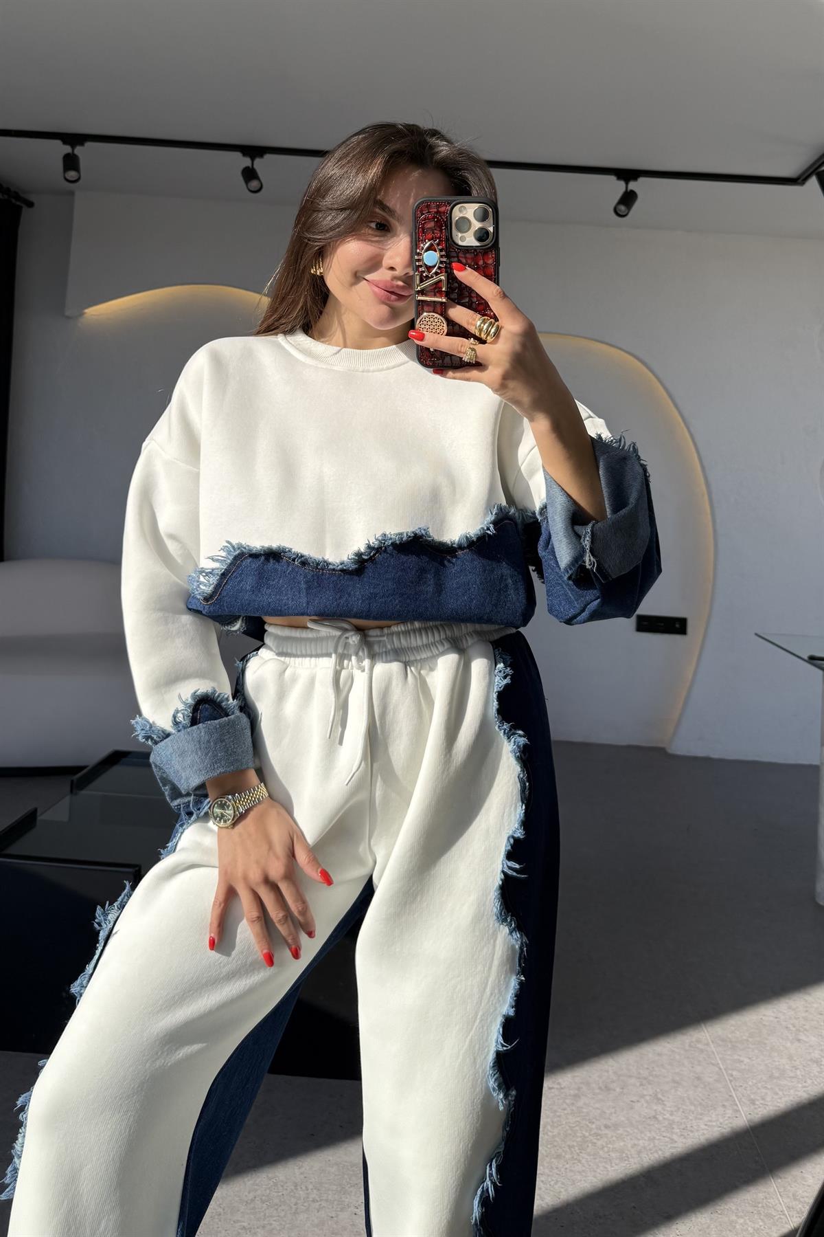 Blake Beyaz Dalga Desen Şardonlu Denim Takım
