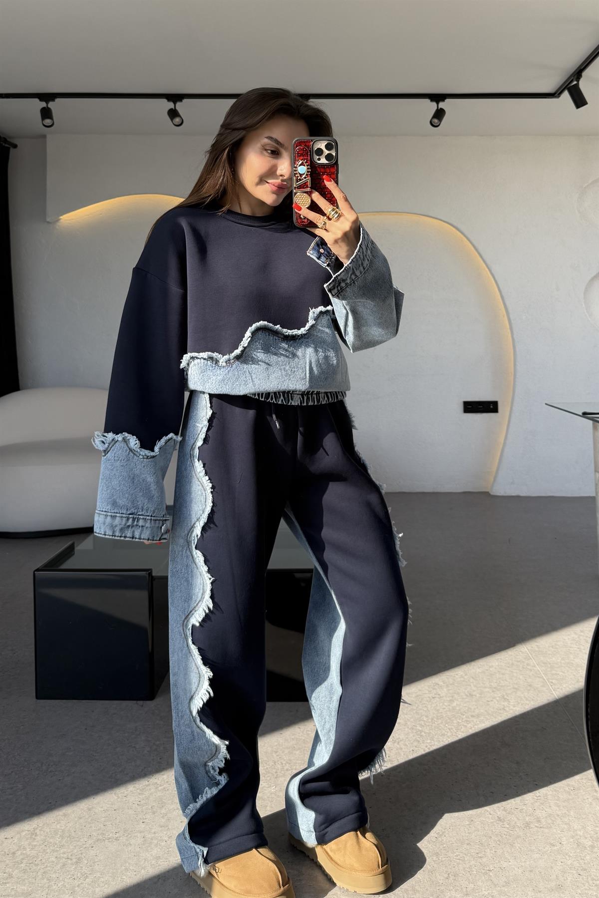Blake Lacivert Dalga Desen Şardonlu Denim Takım