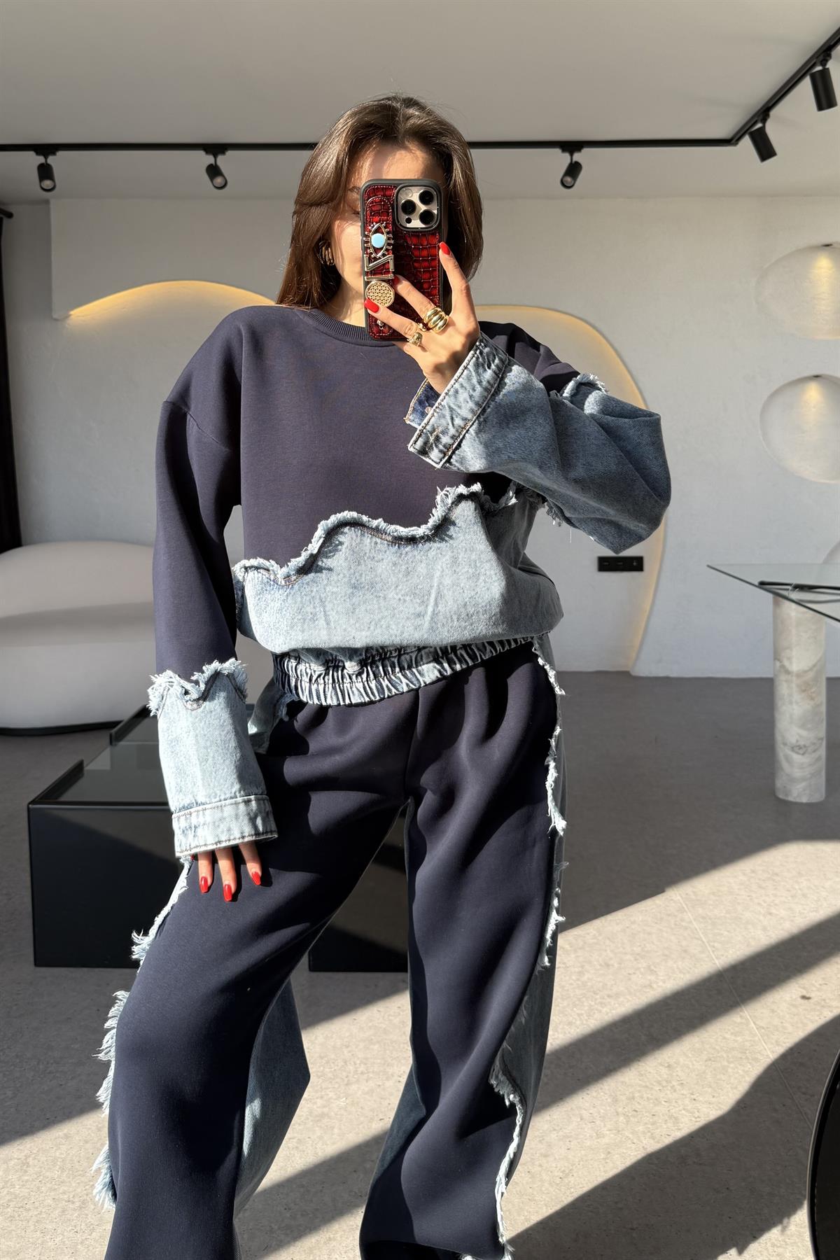 Blake Lacivert Dalga Desen Şardonlu Denim Takım