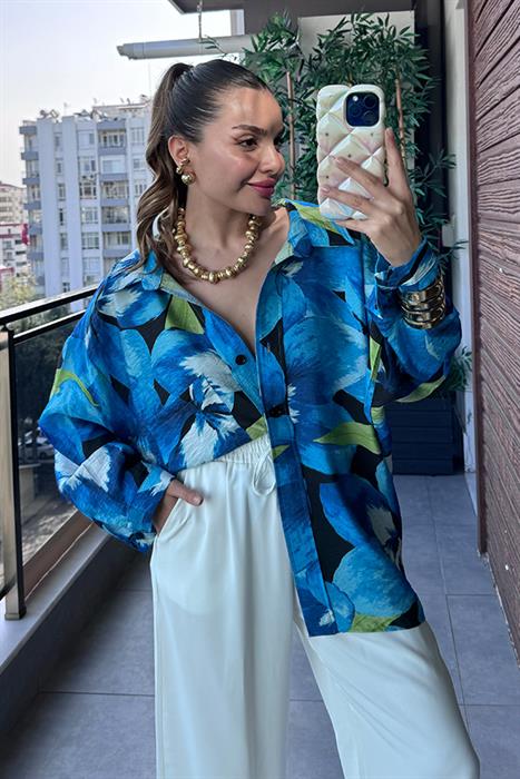 Blanche Mavi Çiçek Desenli Gömlek