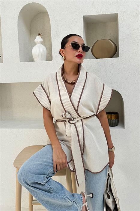 Blerina Keten Nakış Detaylı  Kuşaklı Kimono 