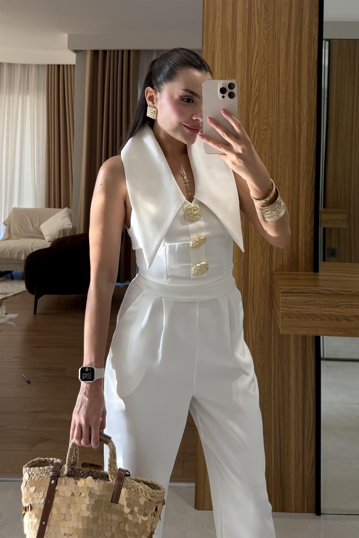 Blish Beyaz Tasarım Yaka Tulum 