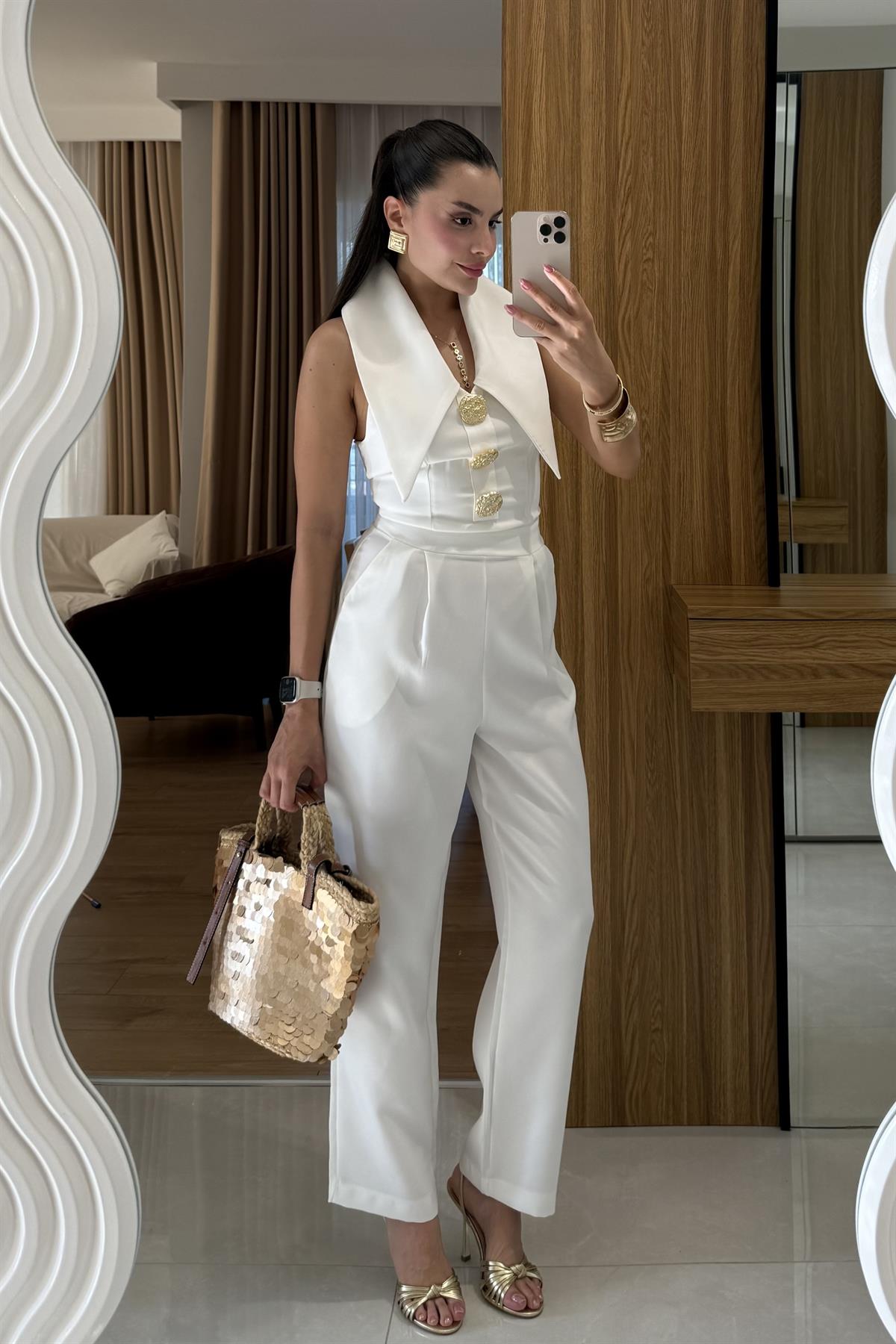 Blish Beyaz Tasarım Yaka Tulum 