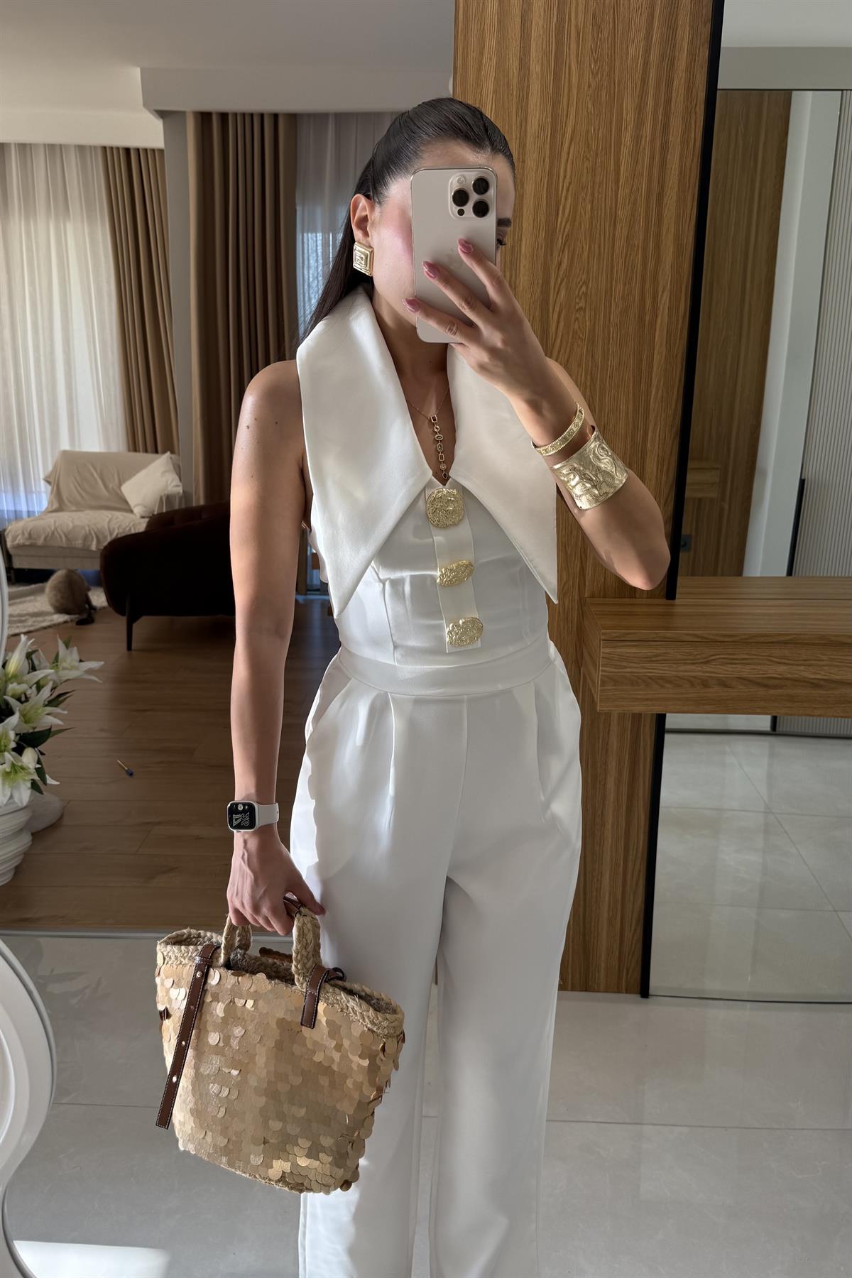 Blish Beyaz Tasarım Yaka Tulum 