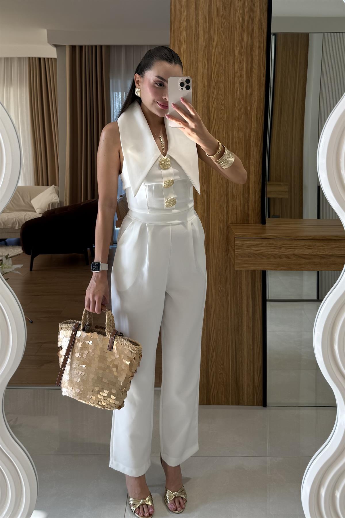 Blish Beyaz Tasarım Yaka Tulum 