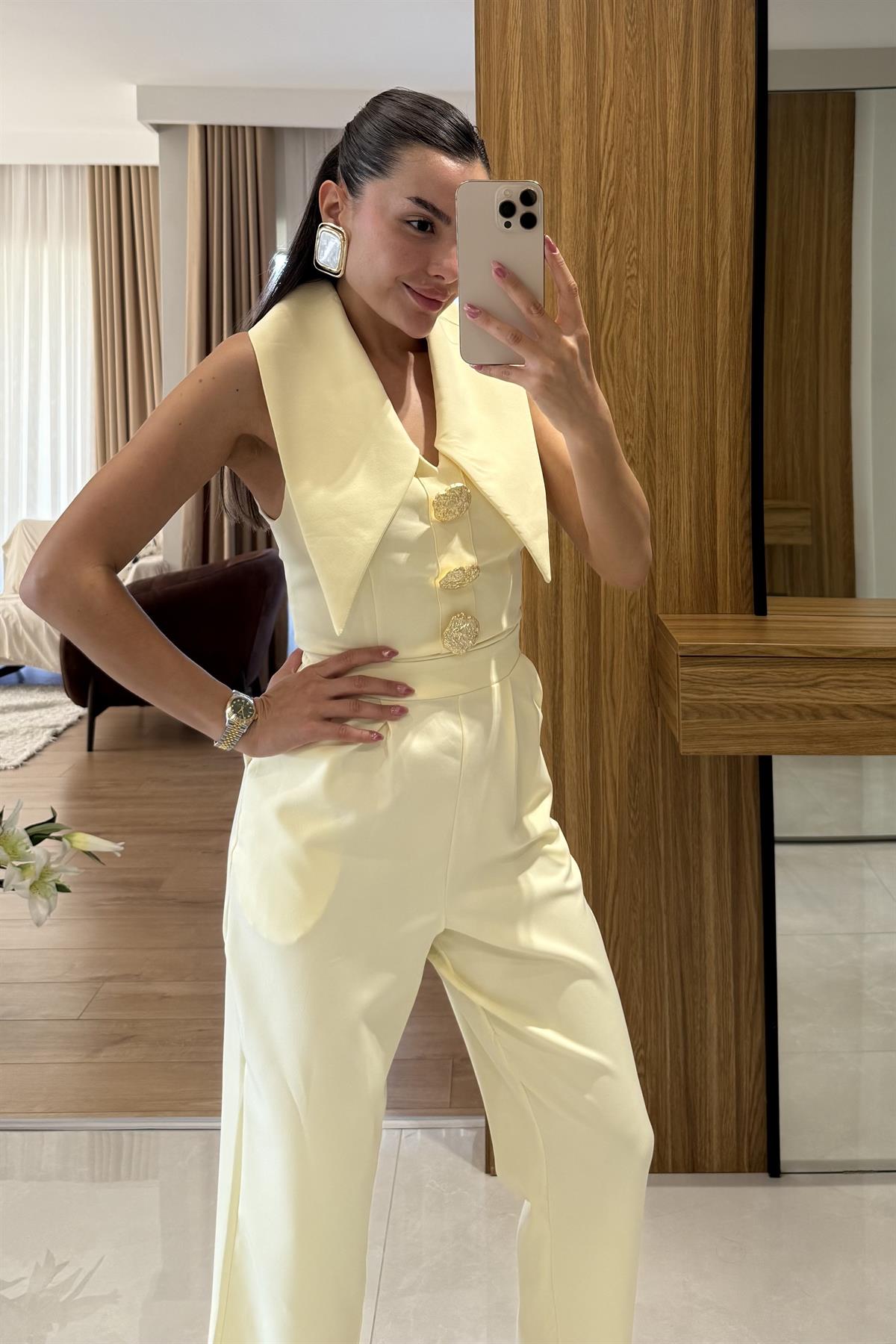 Blish Sarı Tasarım Yaka Tulum 