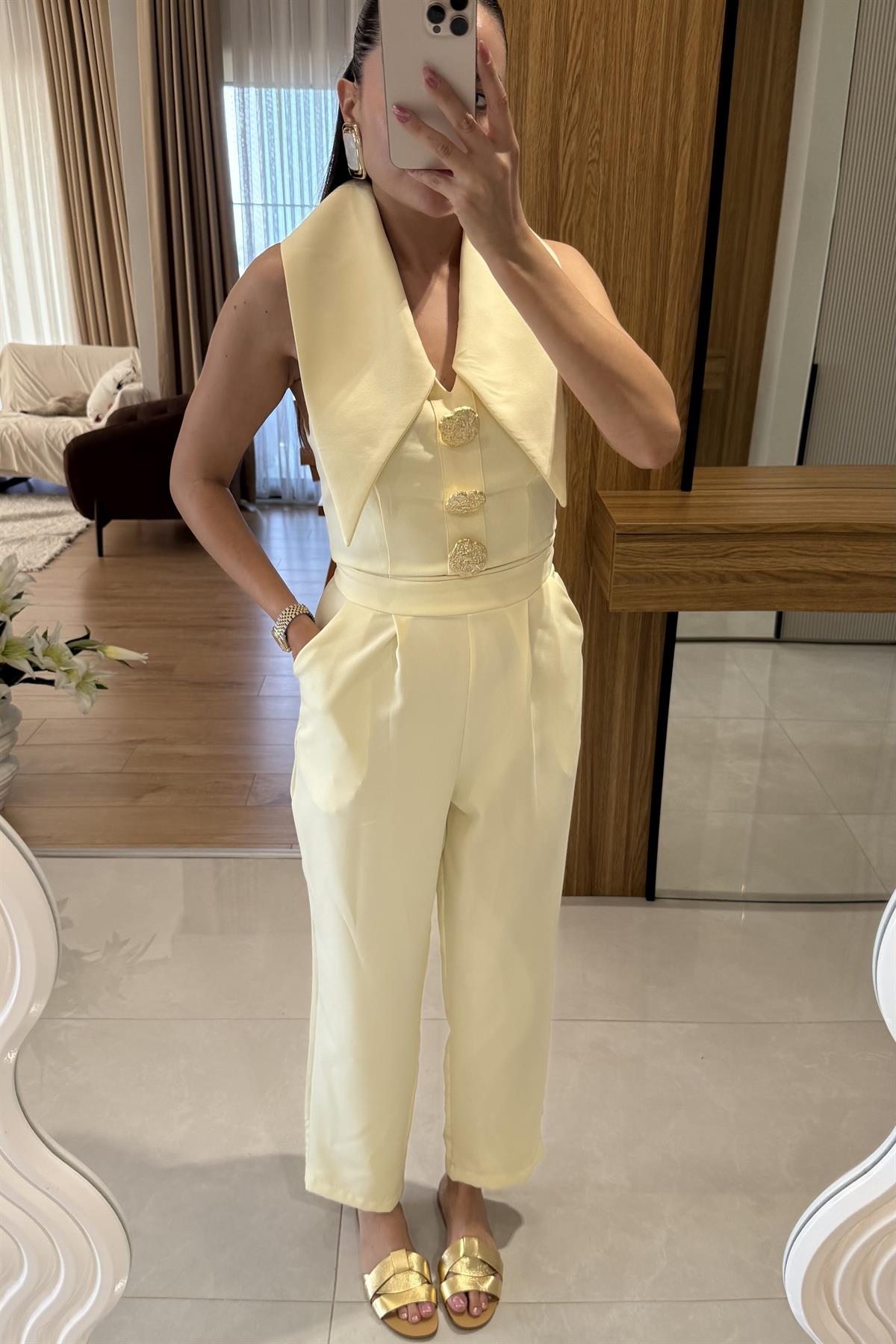 Blish Sarı Tasarım Yaka Tulum 