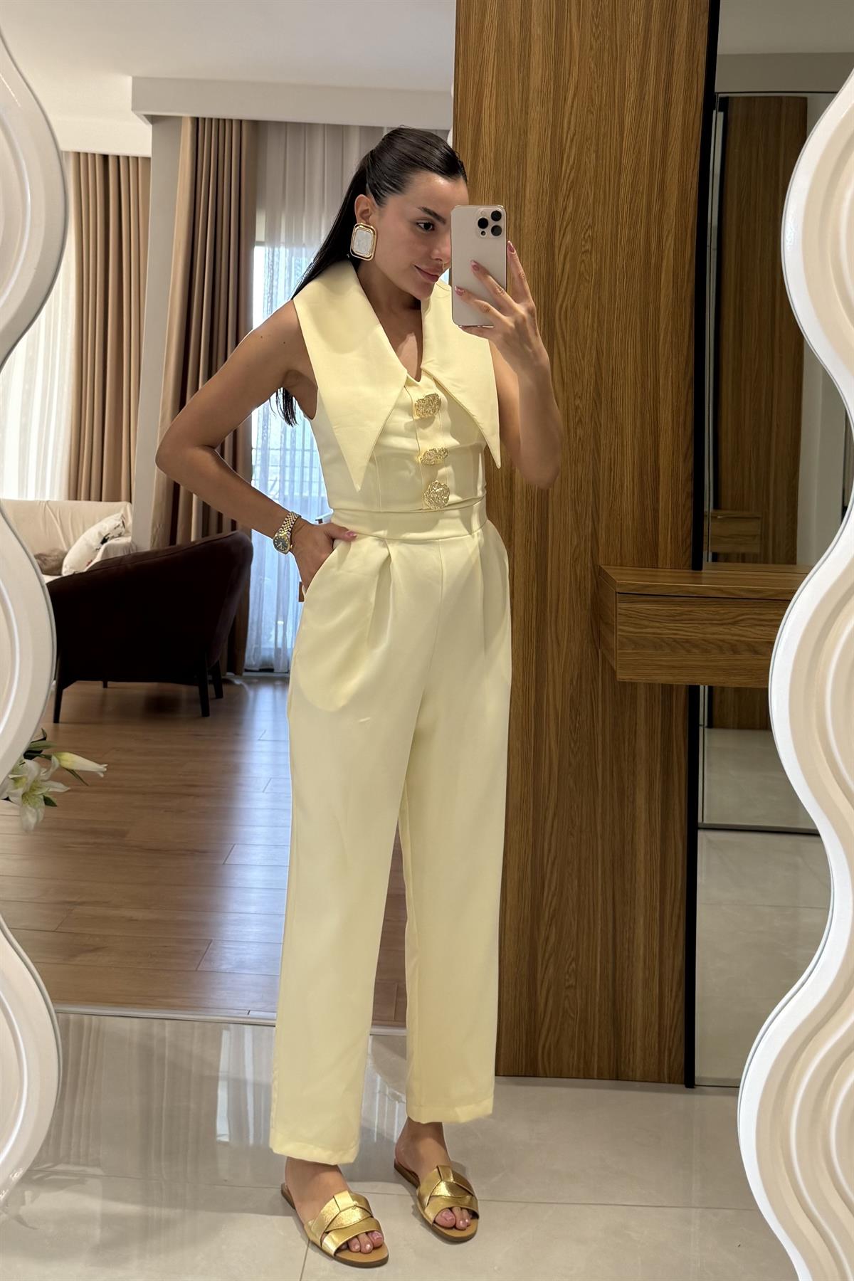 Blish Sarı Tasarım Yaka Tulum 