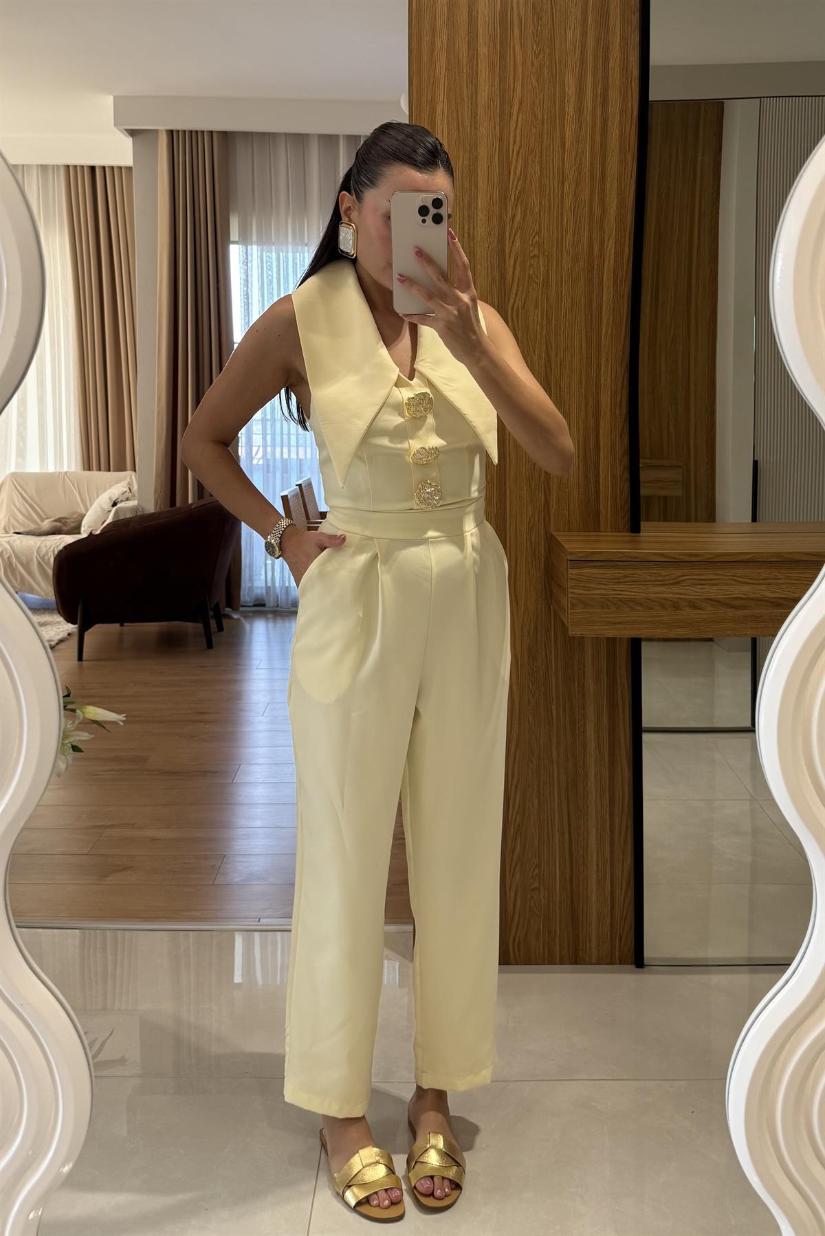 Blish Sarı Tasarım Yaka Tulum 