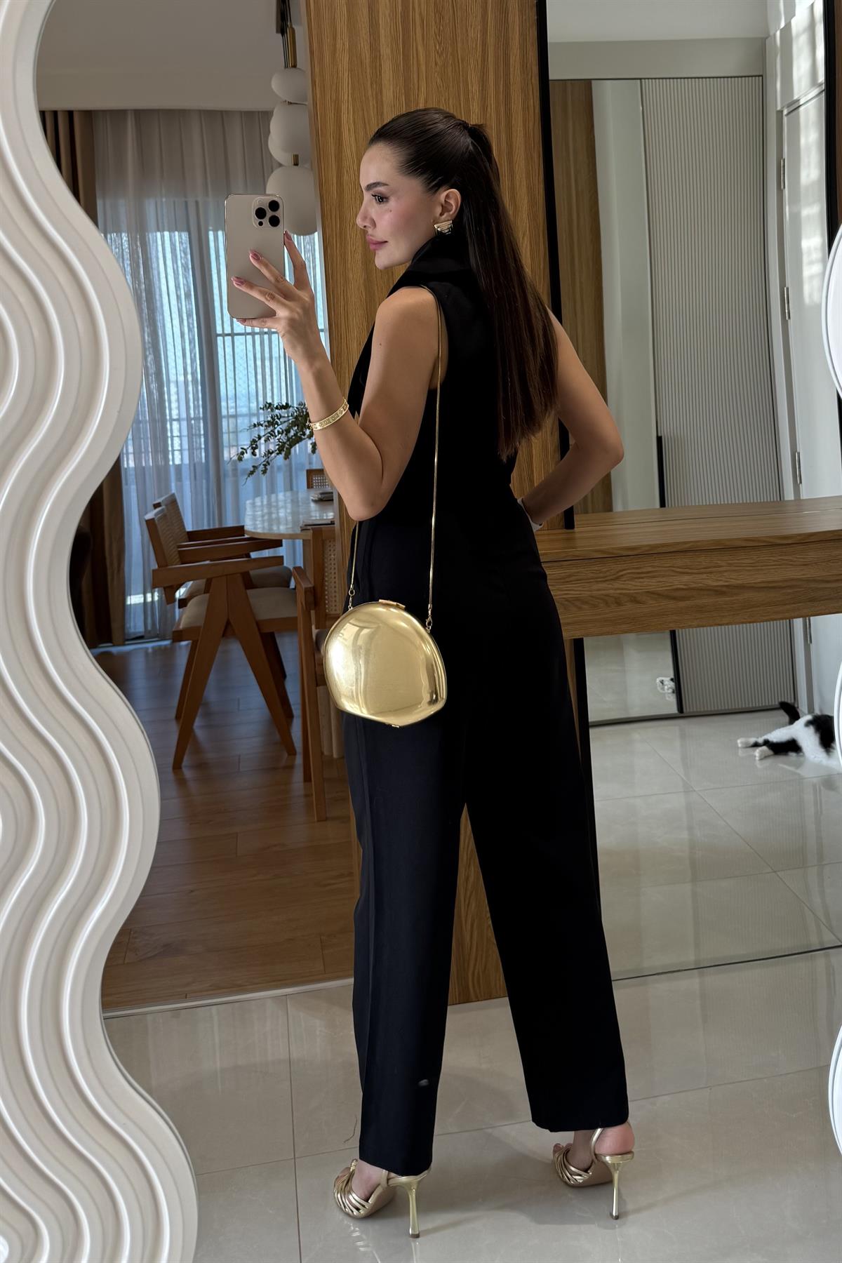 Blish Siyah Tasarım Yaka Tulum 